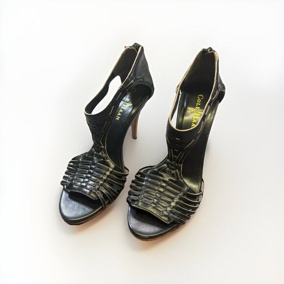 Cole Haan Women’s Black Leather Open Toe Heels Size 6B - Ankle zip - Picture 1 of 7